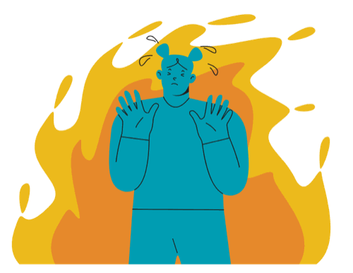 Illustration: a person with hands raised, surrounded by flames, the body's alarm at full volume